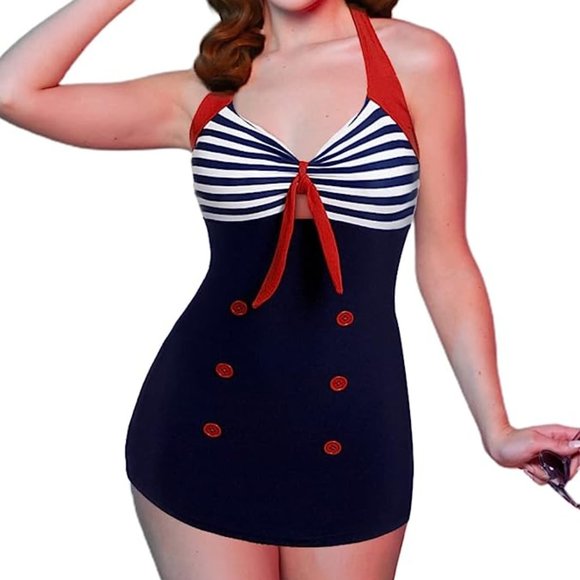 XL Retro  Vintage Womens Striped One Piece Swimsuit Bathing Suit Swimwear  NEW - Picture 1 of 5